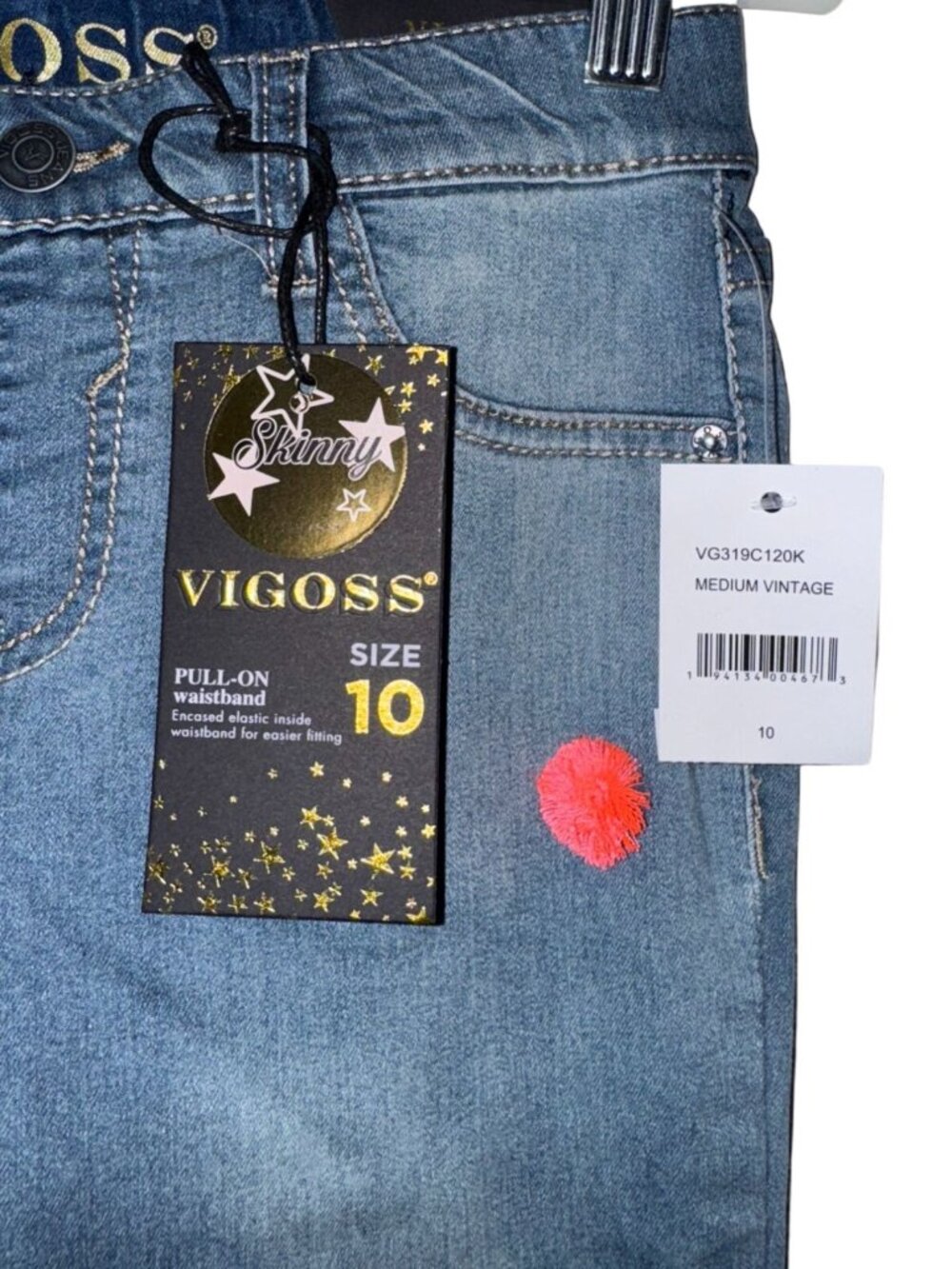 Vigoss Girls Size 10 Medium Vintage Stretch Denim Jeans With Pom-Pom Details - Picture 3 of 8